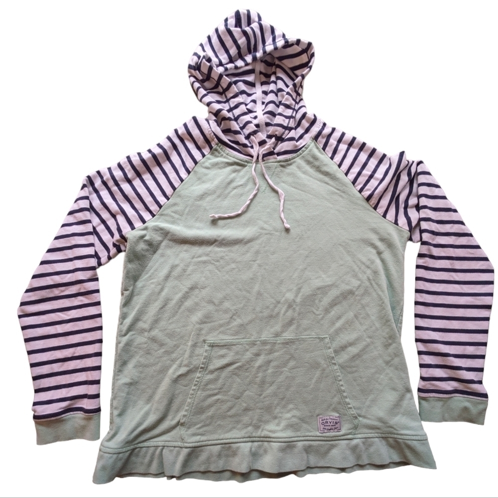 Women's Orvis Green and White Striped Hoodie Sweatshirt Size M